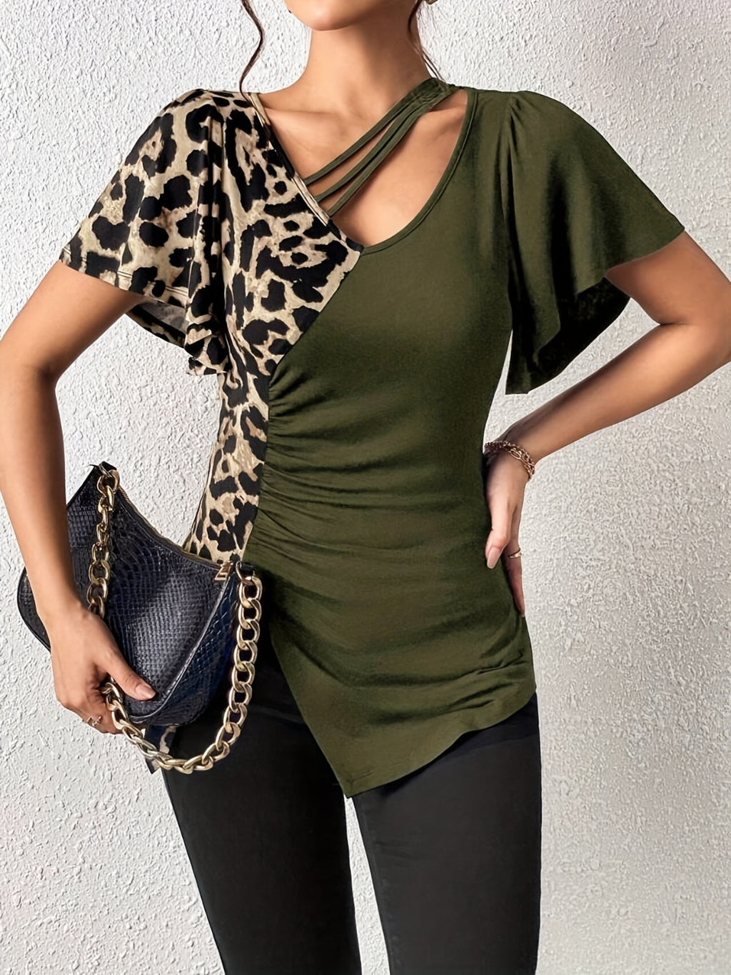 Ruched Leopard Flutter Sleeve T-Shirt by Wild and Free Boutique