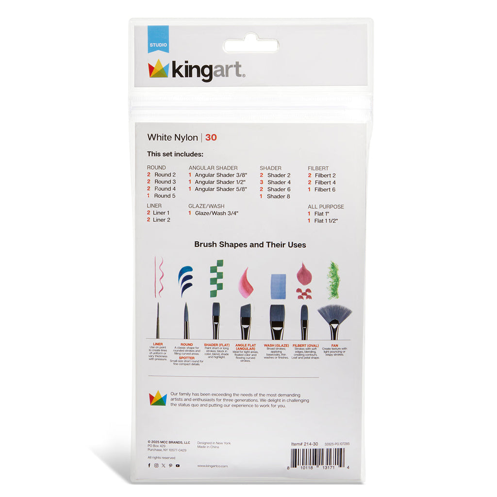 Studio White Nylon Brush Set - Acrylic & Watercolor - 30 pc by KINGART