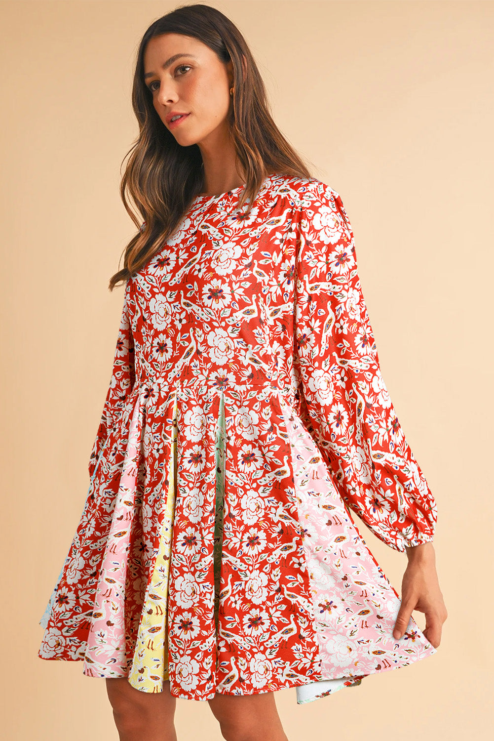 Red Colorful Floral Patchwork Long Sleeve Pleated Mini Dress by Dear-Lover Dropshipping