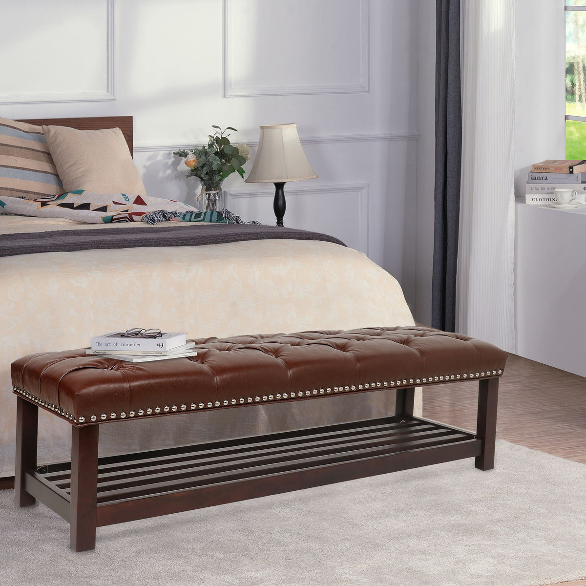 Bedroom End Of Bed Bench Tufted Upholstered End Of Bed Bench End Of Bed Entrance Shoe Bench With Nailhead Trim And Shelf Bedroom Upholstered Bench Living Room Shoe Rack Footstool by Unique Piece Furniture