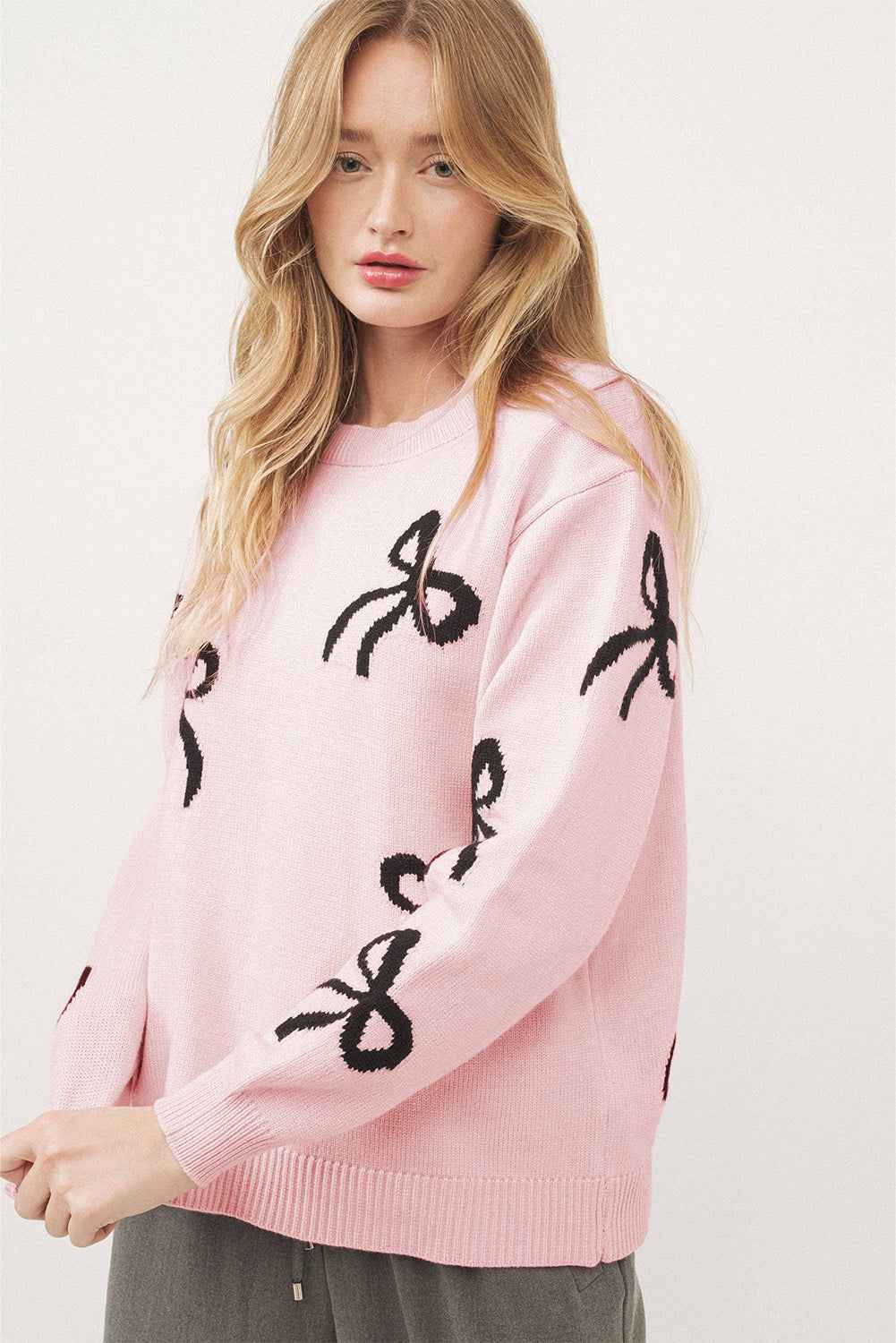 Light Pink Bow Pattern Knitted Loose Fit Sweater by Wild and Free Boutique
