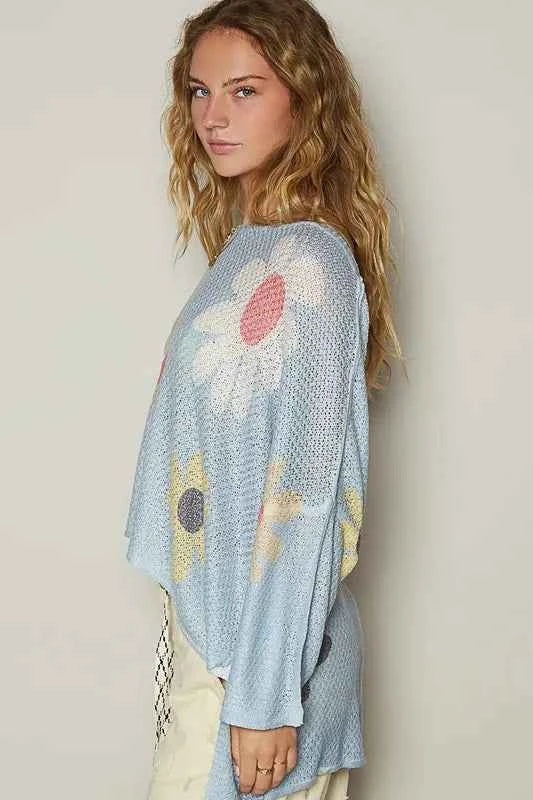 POL Flower Dropped Shoulder Long Sleeve Knit Top by Wild and Free Boutique