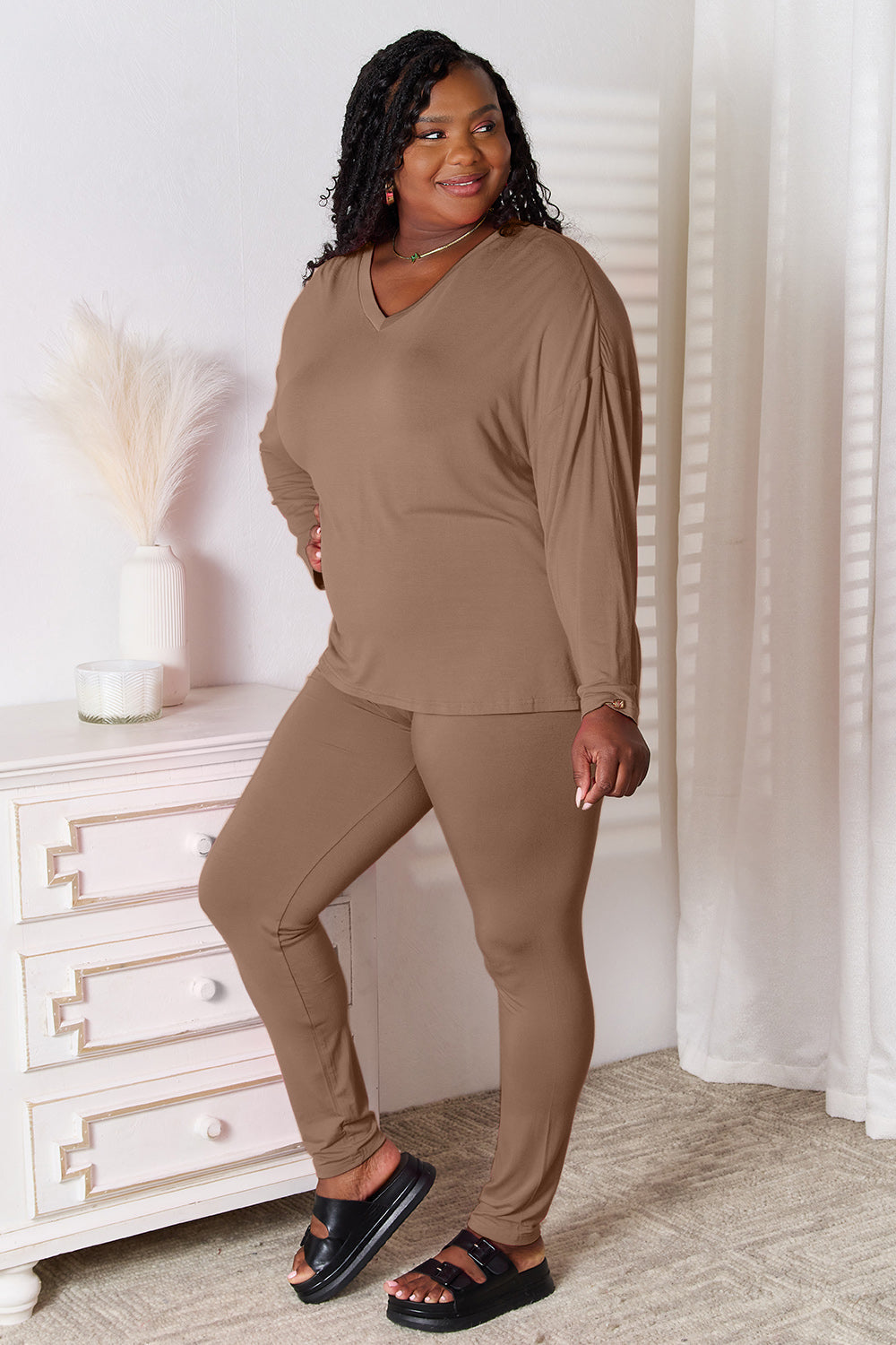 Basic Bae Full Size V-Neck Soft Rayon Long Sleeve Top and Pants Lounge Set by Wild and Free Boutique