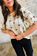 Beige Bow Print Puff Short Sleeve Top by Dear-Lover Dropshipping