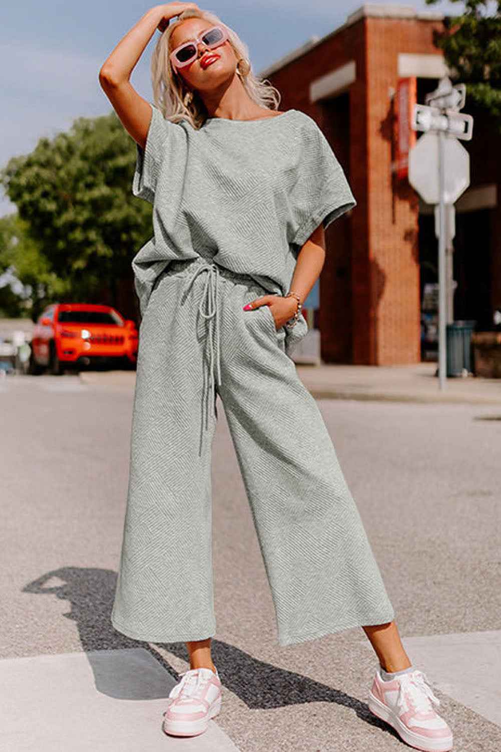Gray Textured Loose Fit T Shirt and Drawstring Pants Set by Wild and Free Boutique