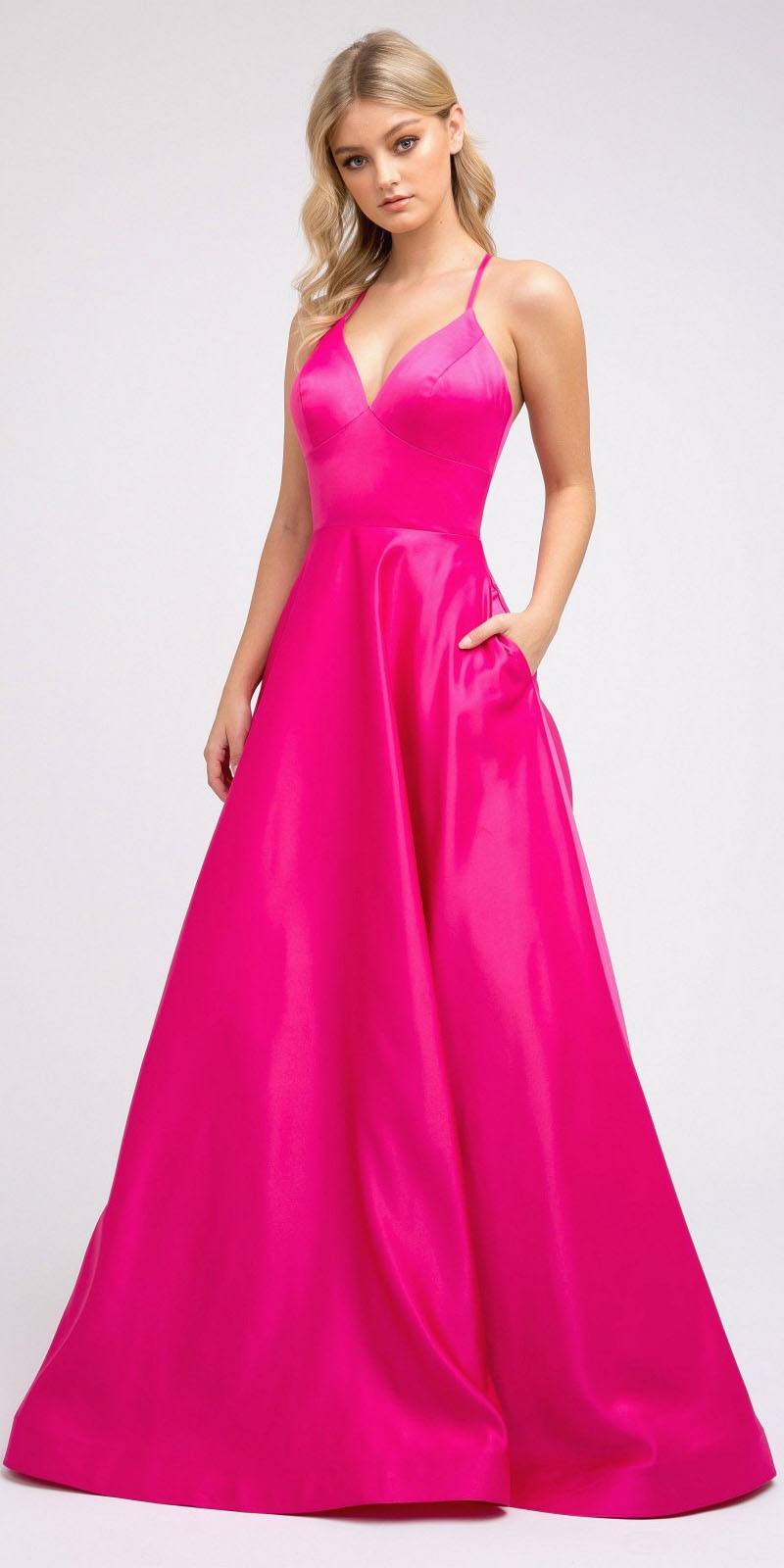 Juliet 230 Stylish Back Long A-Line Satin Prom Dress with Pockets by DiscountDressShop