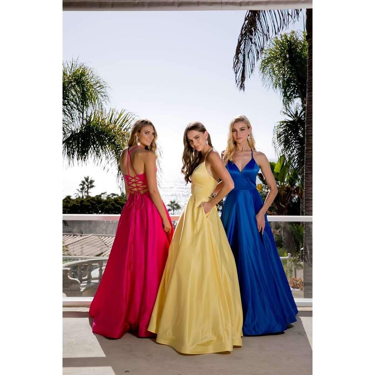Juliet 230 Stylish Back Long A-Line Satin Prom Dress with Pockets by DiscountDressShop