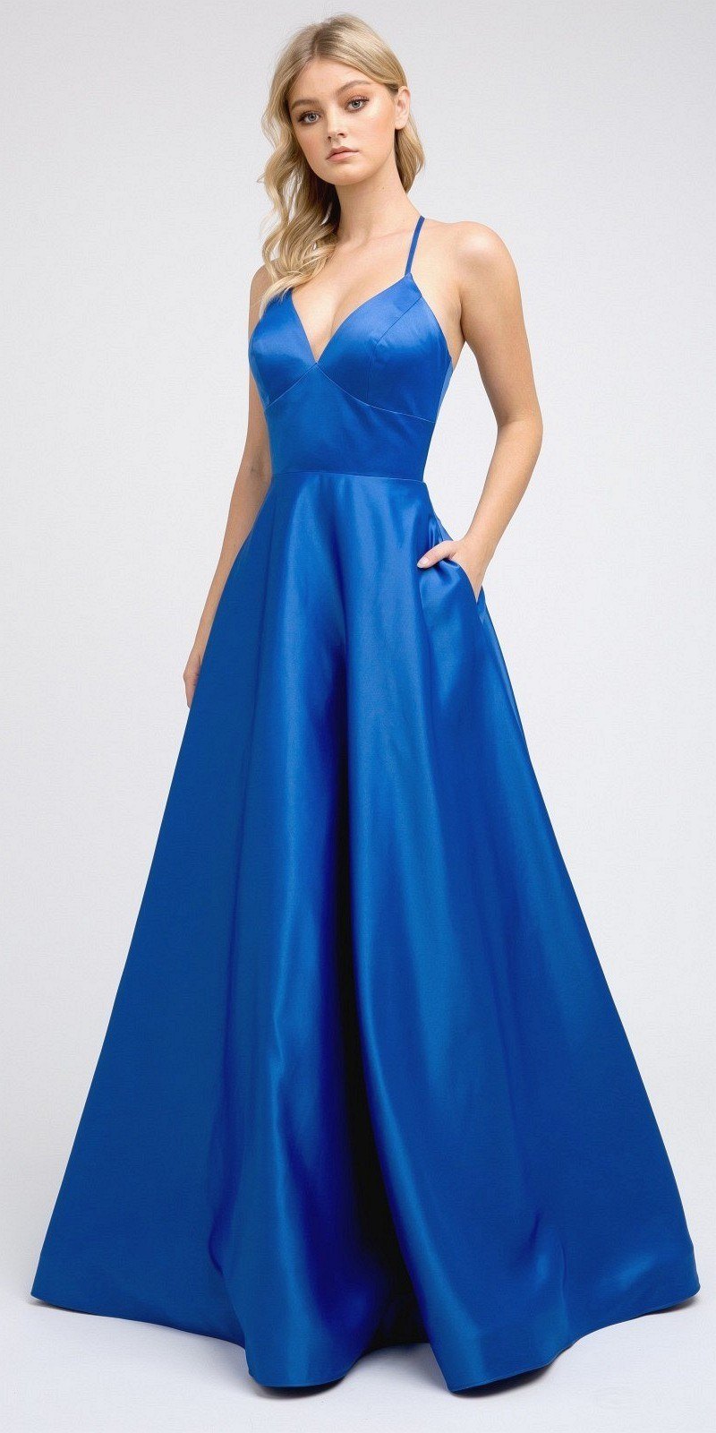 Juliet 230 Stylish Back Long A-Line Satin Prom Dress with Pockets by DiscountDressShop