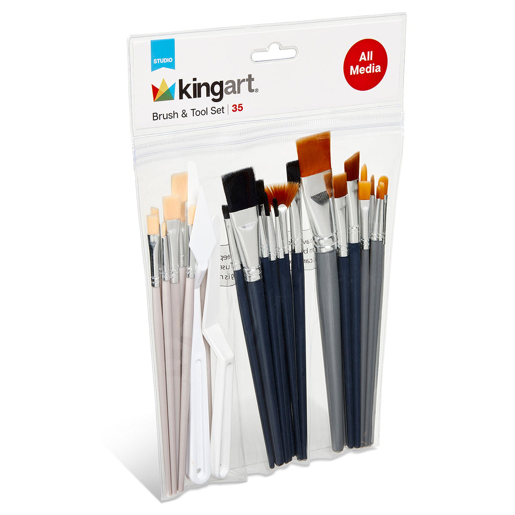 Studio Brush Set - Black & Brown Nylon & White Bristle - 35 Pieces by KINGART