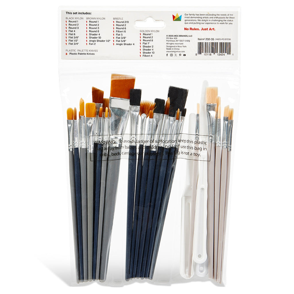 Studio Brush Set - Black & Brown Nylon & White Bristle - 35 Pieces by KINGART