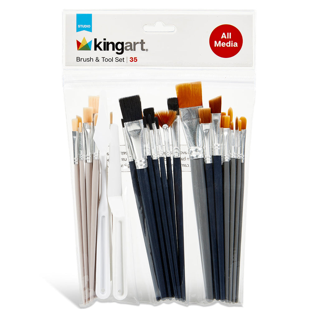 Studio Brush Set - Black & Brown Nylon & White Bristle - 35 Pieces by KINGART