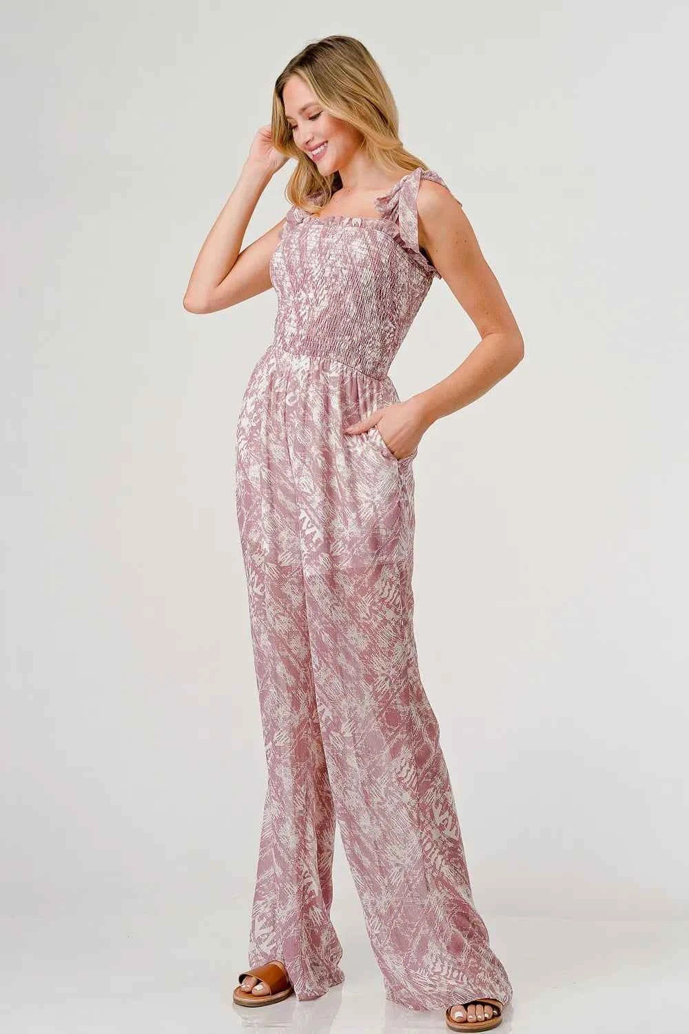 GeeGee Printed Tie Shoulder Wide Leg Jumpsuit by Wild and Free Boutique