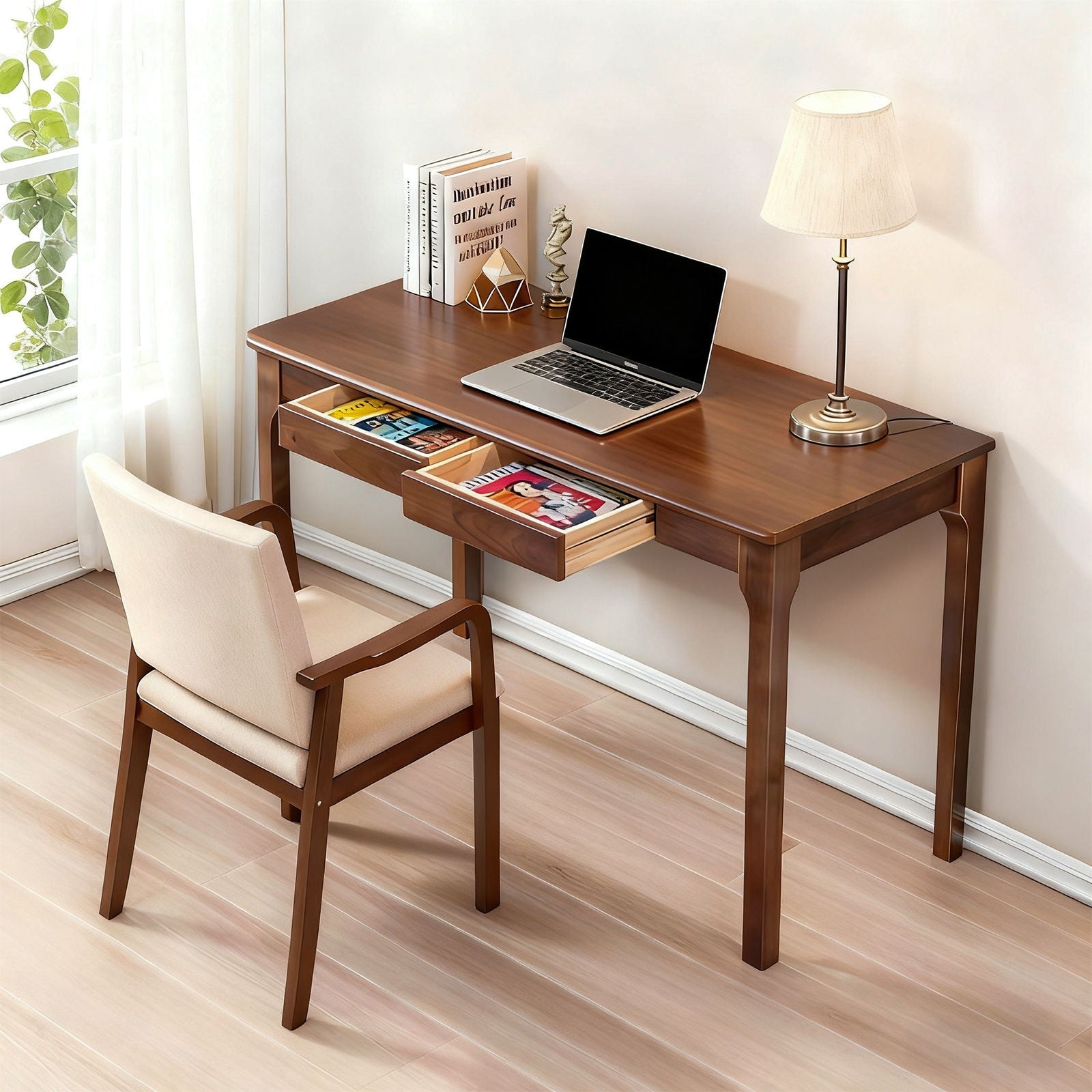 Desk With Drawers, Smooth Edge Design - Walnut by Unique Piece Furniture