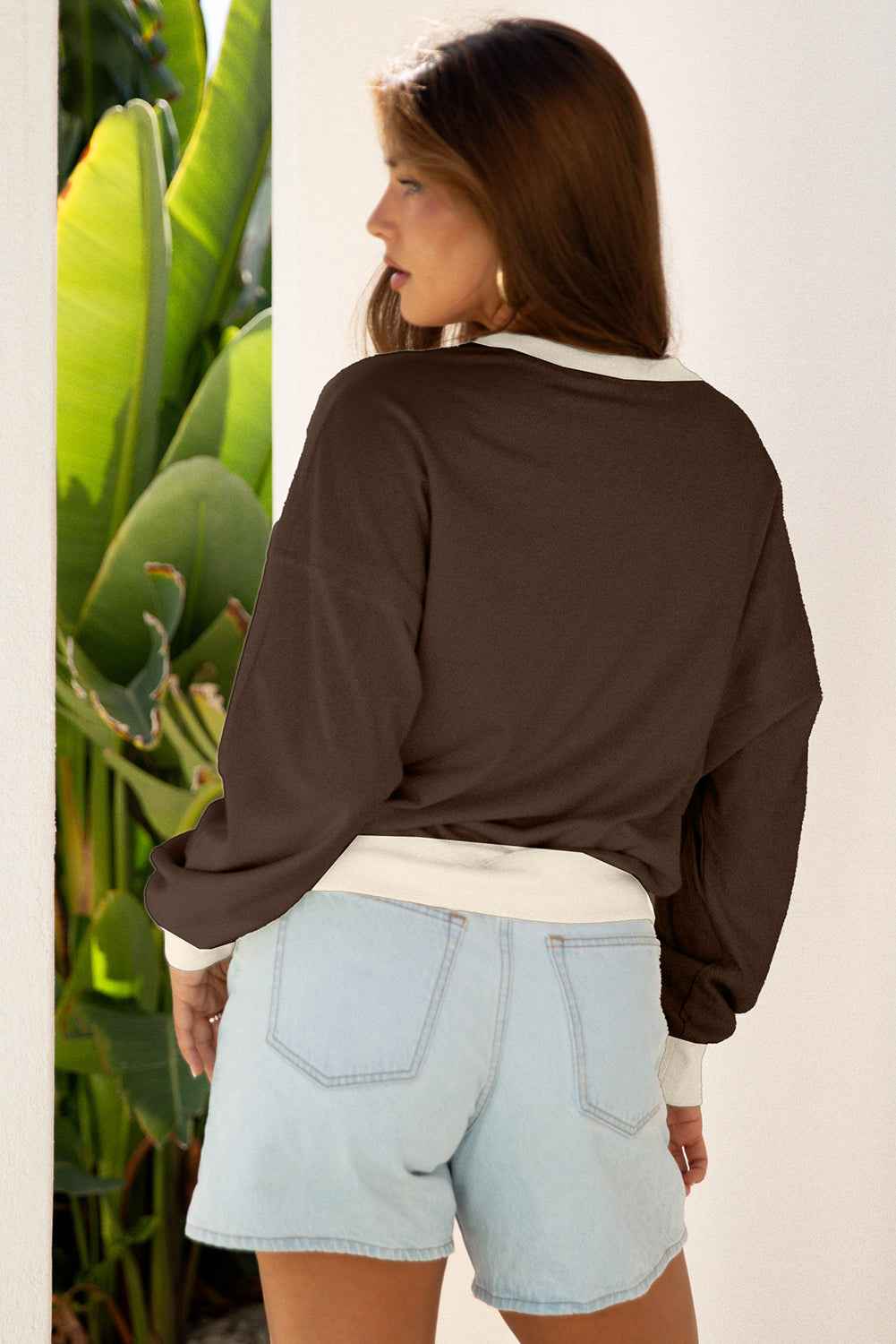 Coffee Raw Edge Flower Patch Drop Shoulder Casual Top by Wild and Free Boutique