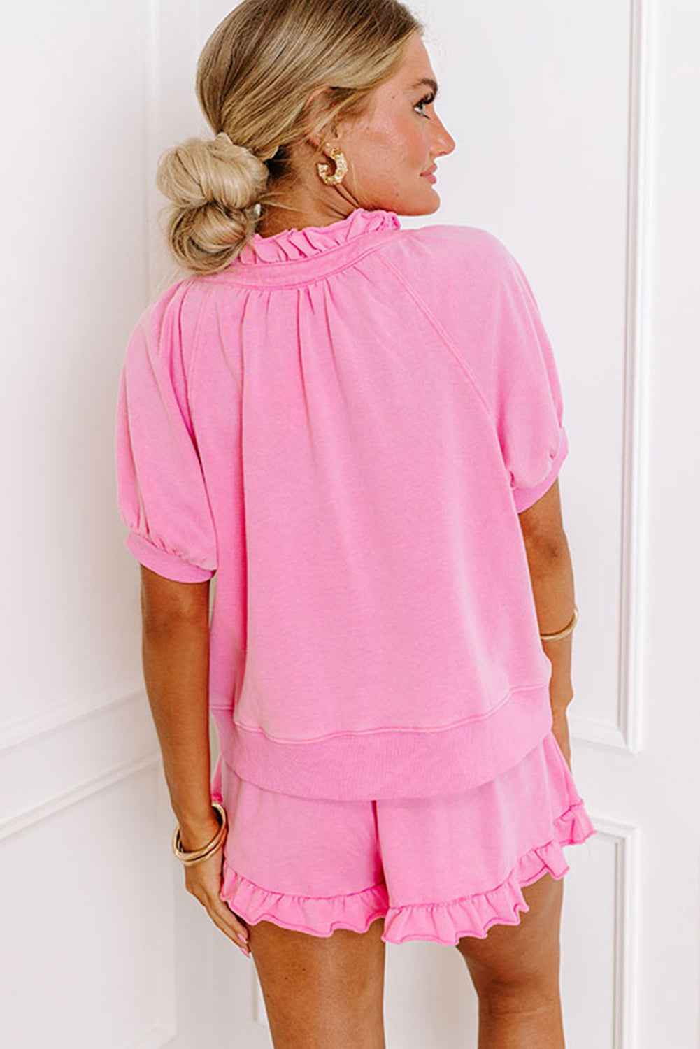 Pink Half Zip Puff Sleeve Top and Ruffle Shorts Set by Wild and Free Boutique