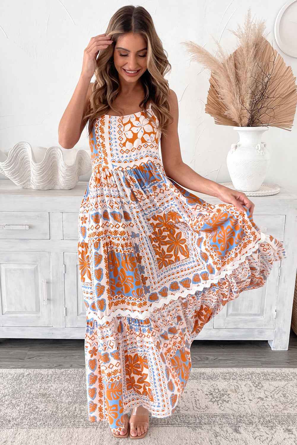 Orange Floral Print Ricrac Trim Spaghetti Straps Maxi Dress by Wild and Free Boutique