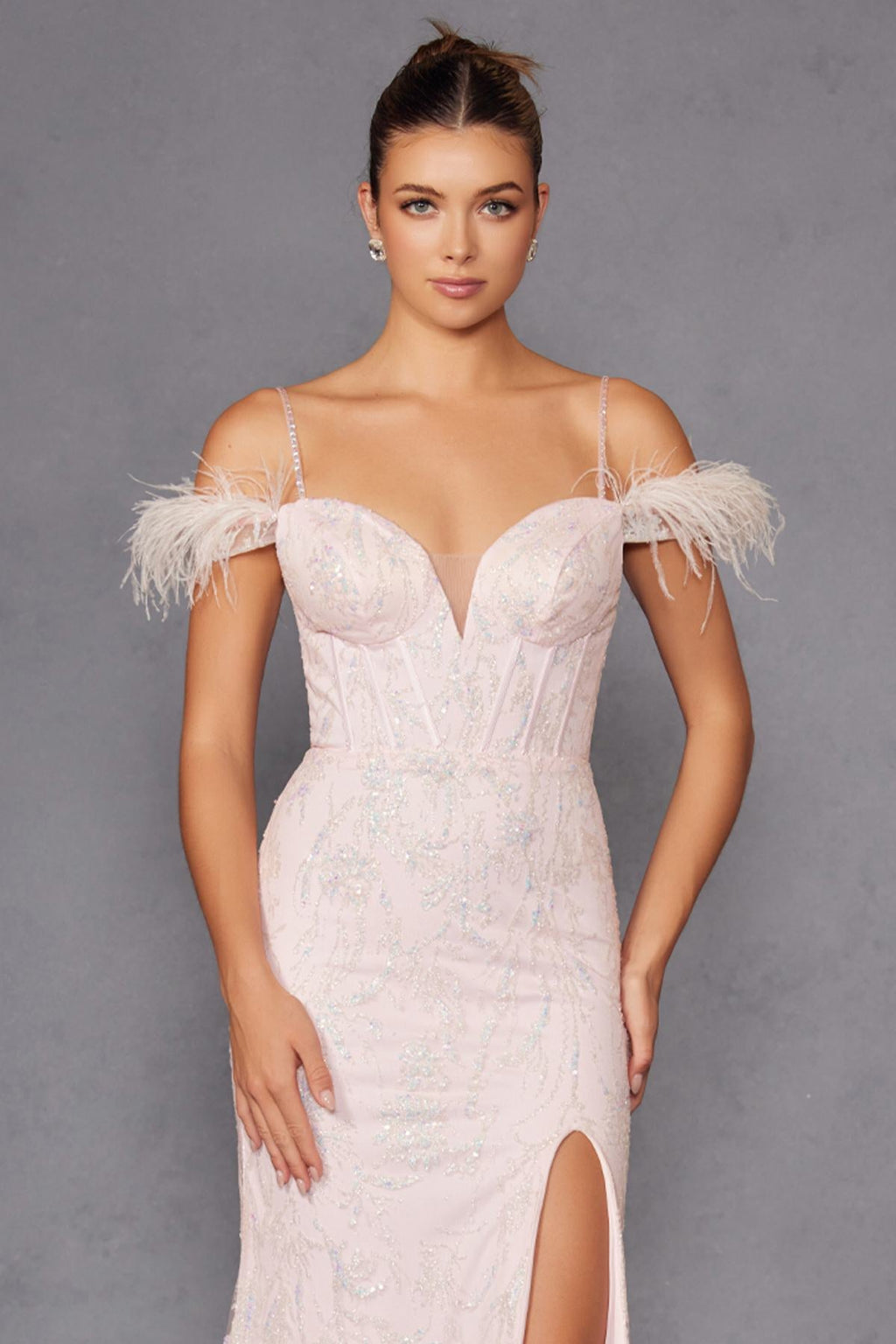 Juliet 2402 Glitter Leaf Sequin Gown with Feathered Sleeves and Slit by DiscountDressShop