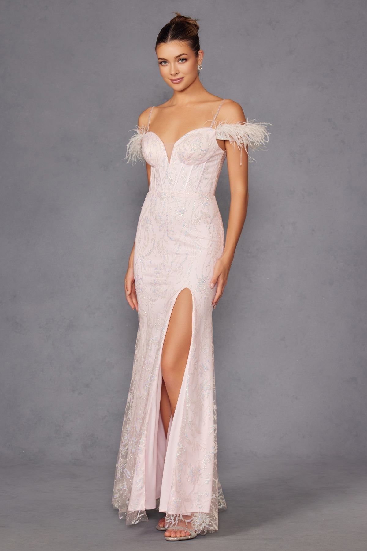 Juliet 2402 Glitter Leaf Sequin Gown with Feathered Sleeves and Slit by DiscountDressShop
