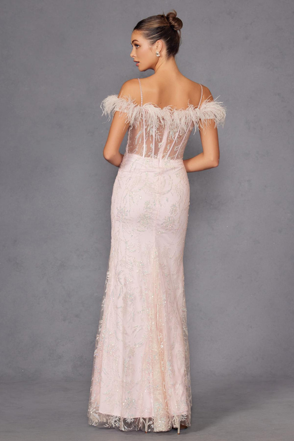 Juliet 2402 Glitter Leaf Sequin Gown with Feathered Sleeves and Slit by DiscountDressShop