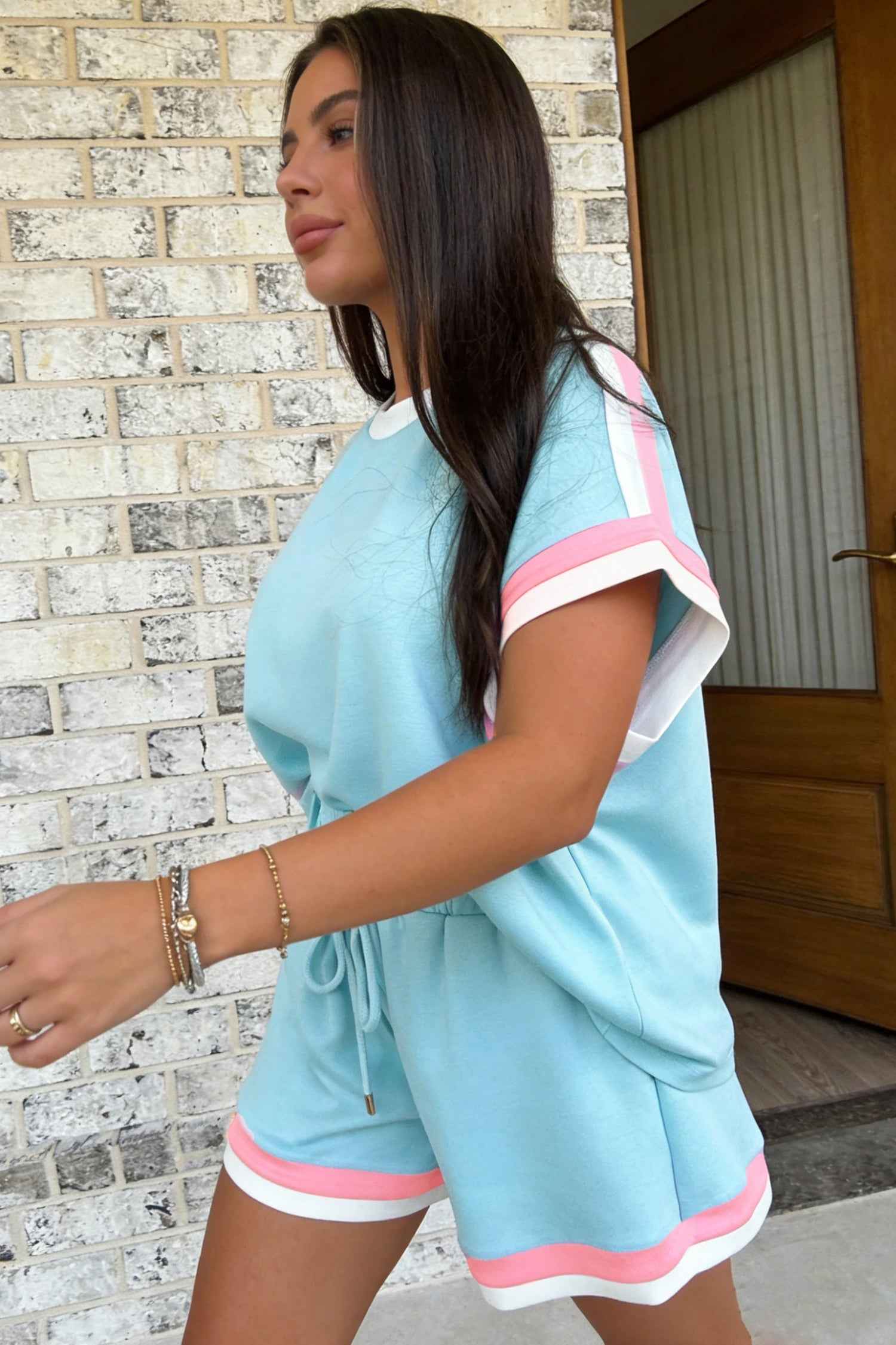 Mist Blue Striped Trim Casual Tee Drawstring Shorts 2pcs Set by Wild and Free Boutique