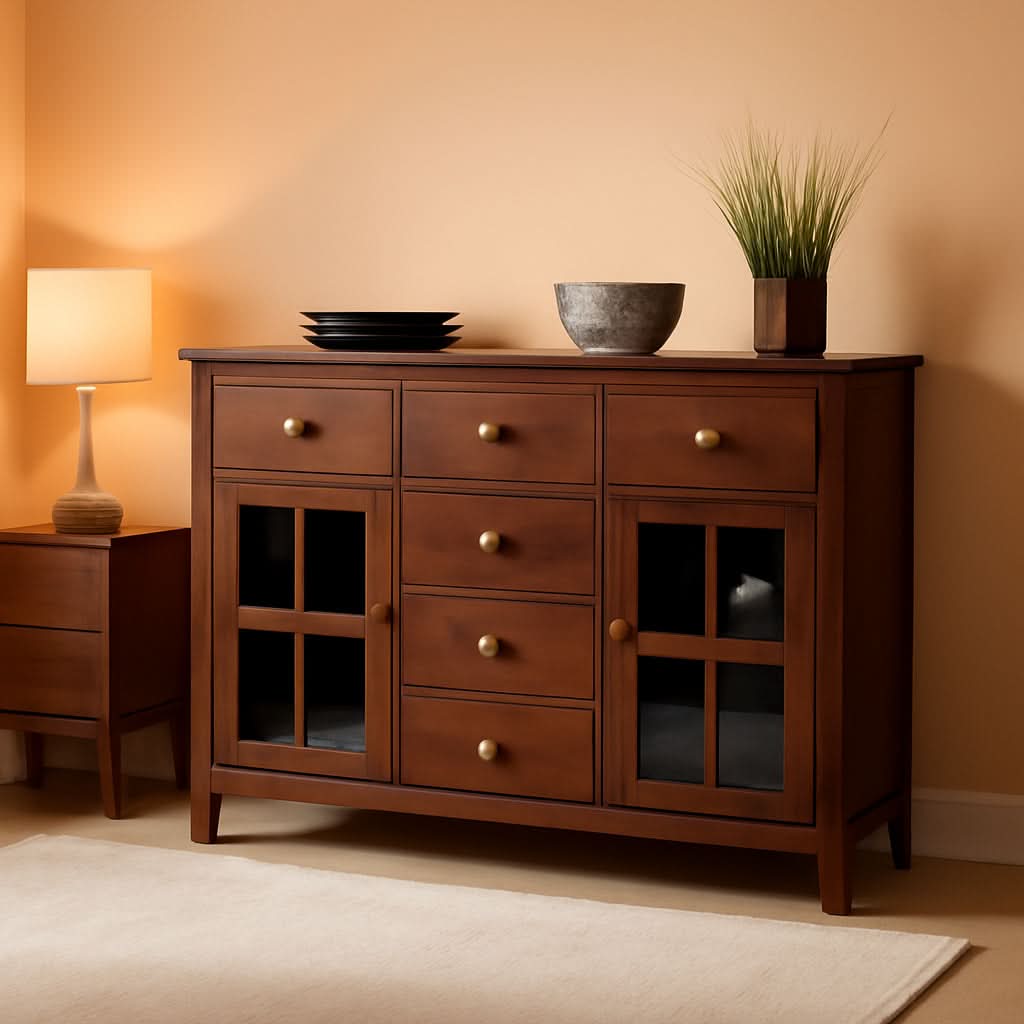Pine Wood Sideboard Buffet Russet Brown Adjustable Shelves by ShipItFurniture
