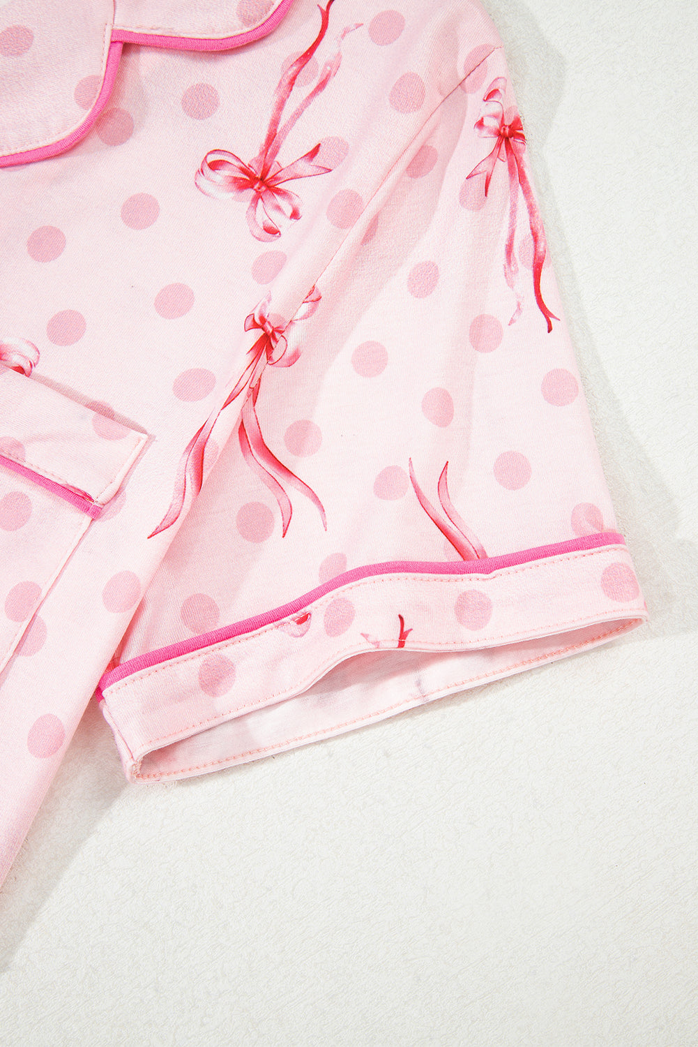 Pink Bow Print Contrast Pipping Short Pajamas Set by Wild and Free Boutique