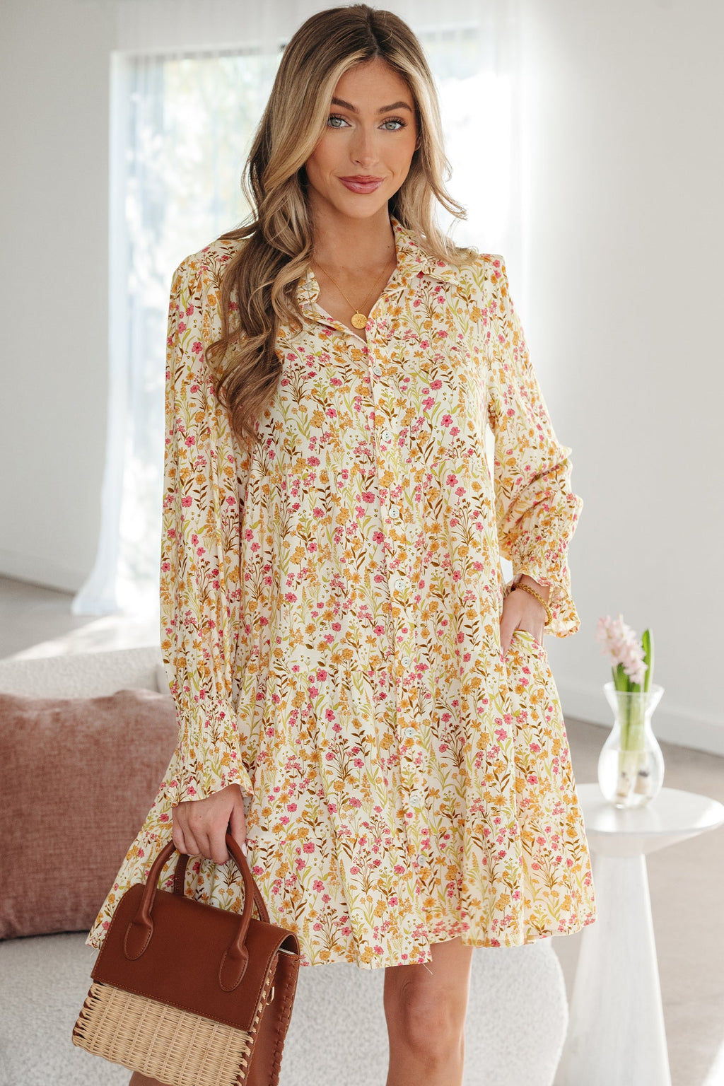 Yellow Floral Print Frilly Trim Smocked Cuff Long Sleeve Loose Shirt Dress by Wild and Free Boutique