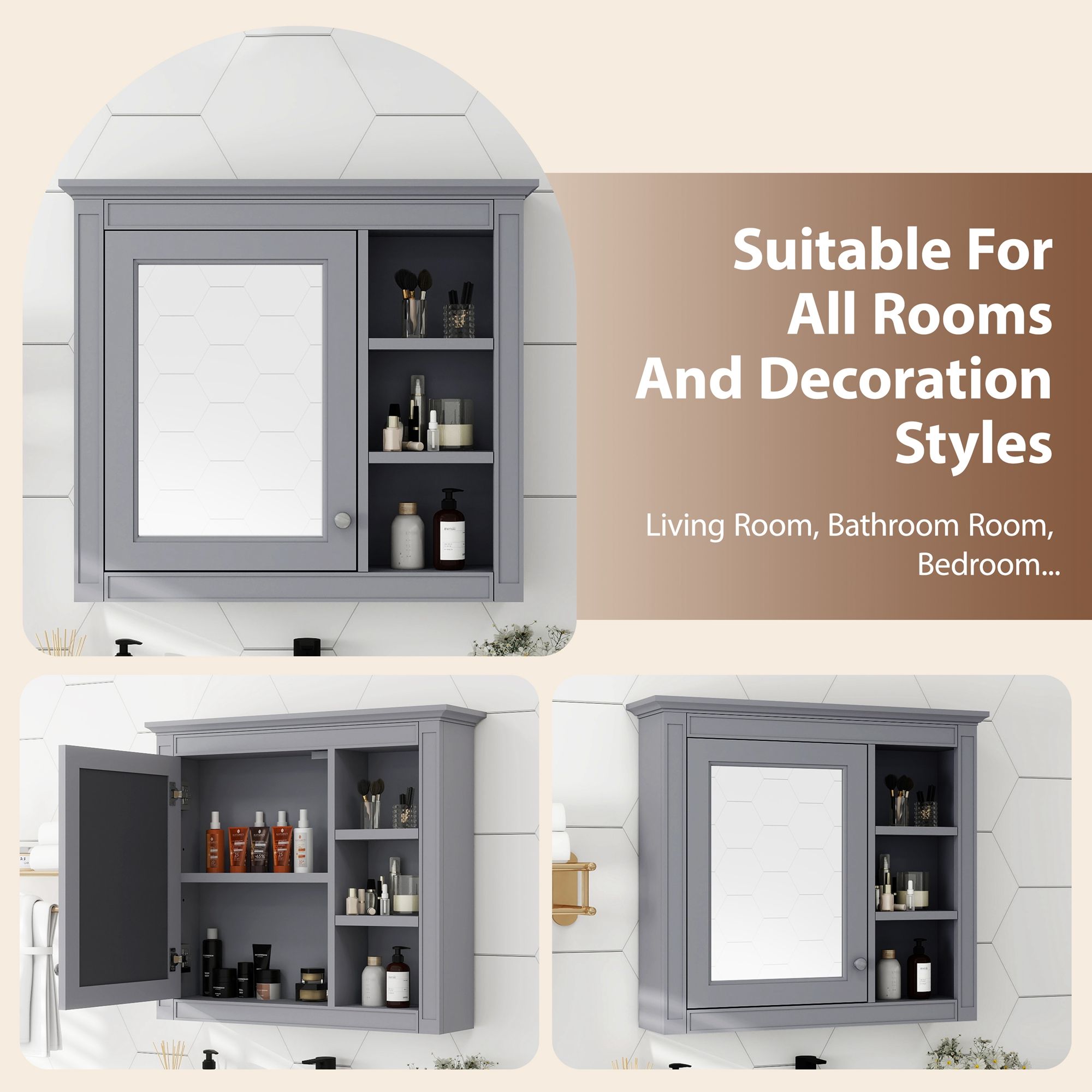 Wall Mounted Medicine Cabinet With Mirror And 3 Open Shelves by Unique Piece Furniture