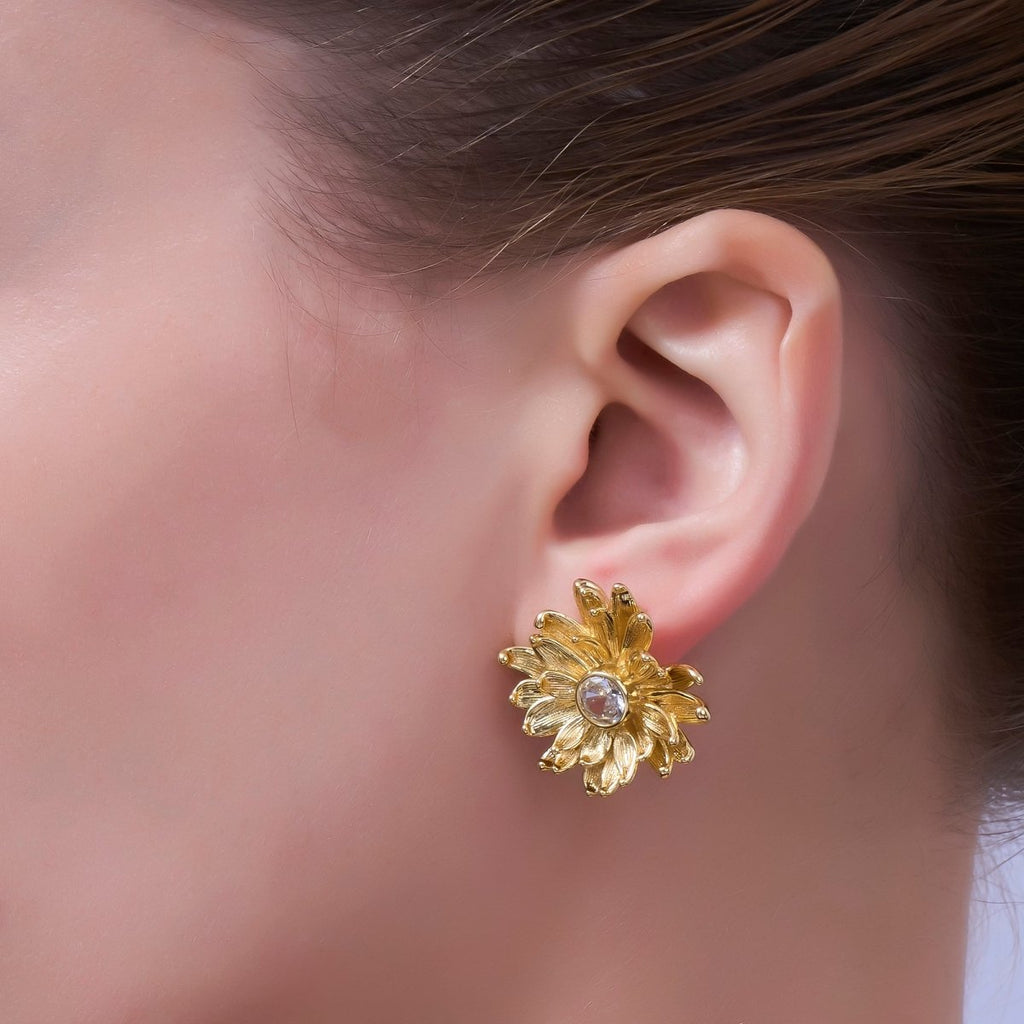 24K Gold Filled 27mm Clear Round CZ Flower Textured Stud Earrings | AI498 by DLUXCA
