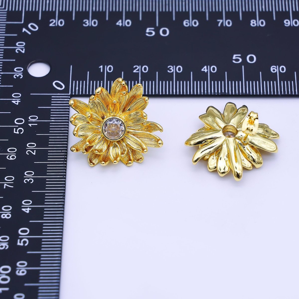 24K Gold Filled 27mm Clear Round CZ Flower Textured Stud Earrings | AI498 by DLUXCA