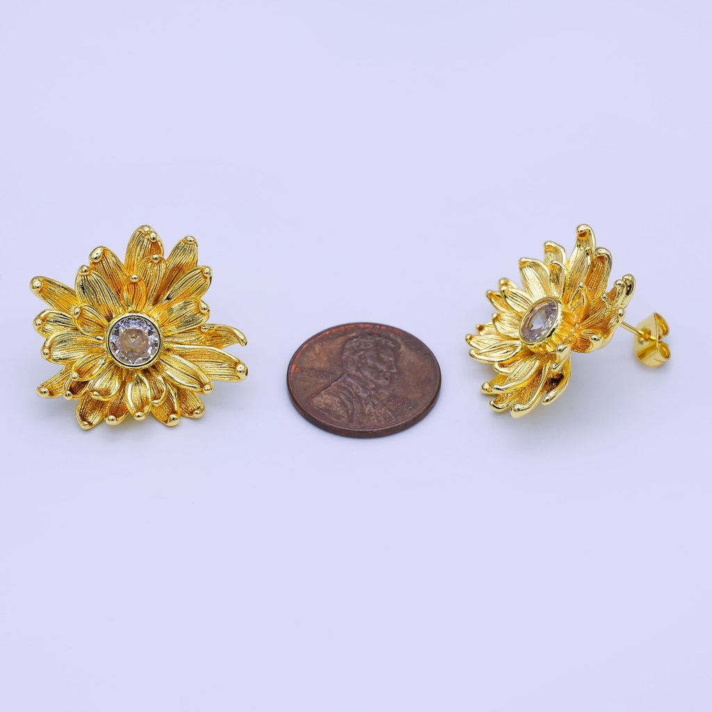 24K Gold Filled 27mm Clear Round CZ Flower Textured Stud Earrings | AI498 by DLUXCA