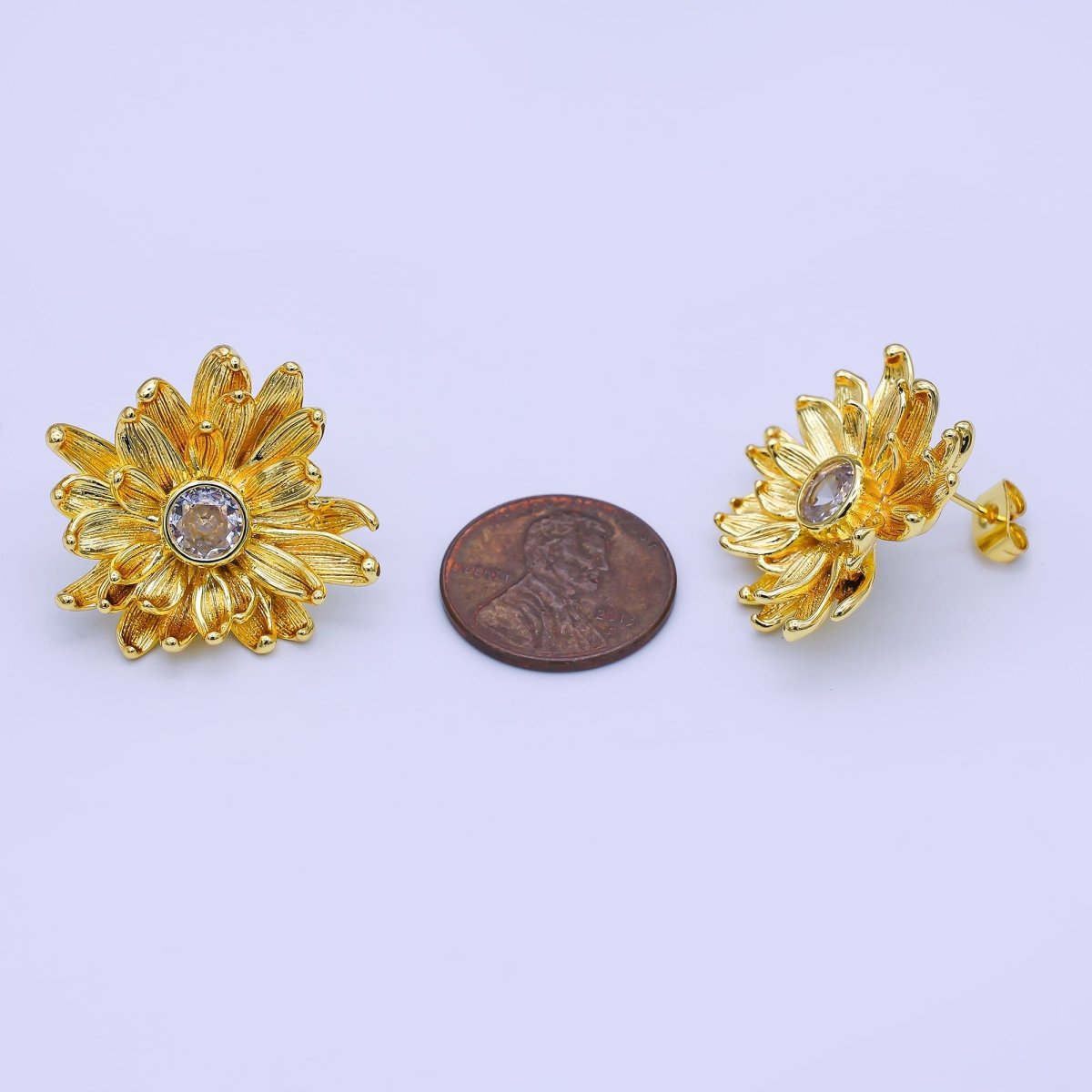 24K Gold Filled 27mm Clear Round CZ Flower Textured Stud Earrings | AI498 by DLUXCA