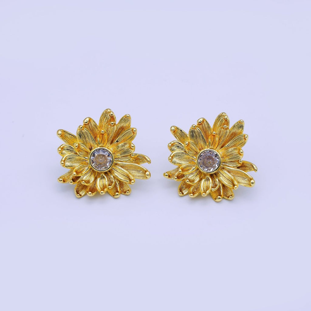 24K Gold Filled 27mm Clear Round CZ Flower Textured Stud Earrings | AI498 by DLUXCA