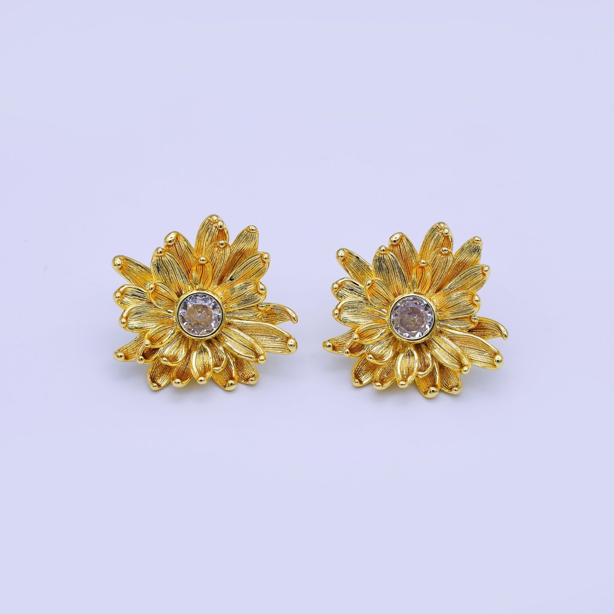 24K Gold Filled 27mm Clear Round CZ Flower Textured Stud Earrings | AI498 by DLUXCA