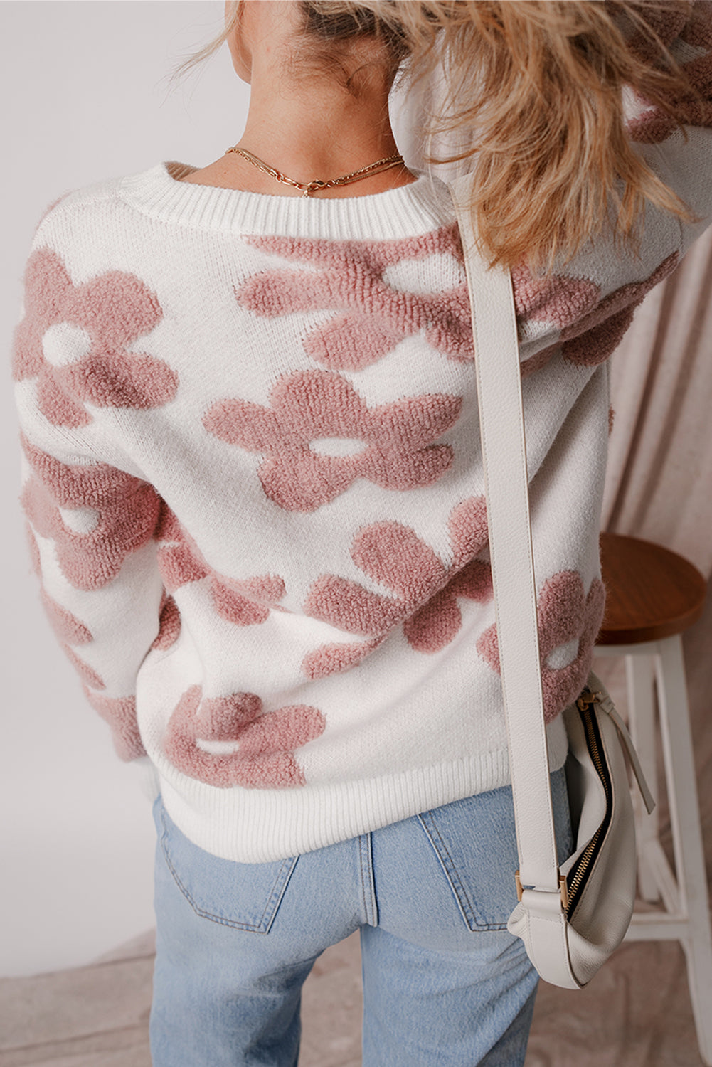White Textured Flower Drop Shoulder Loose Sweater by Wild and Free Boutique