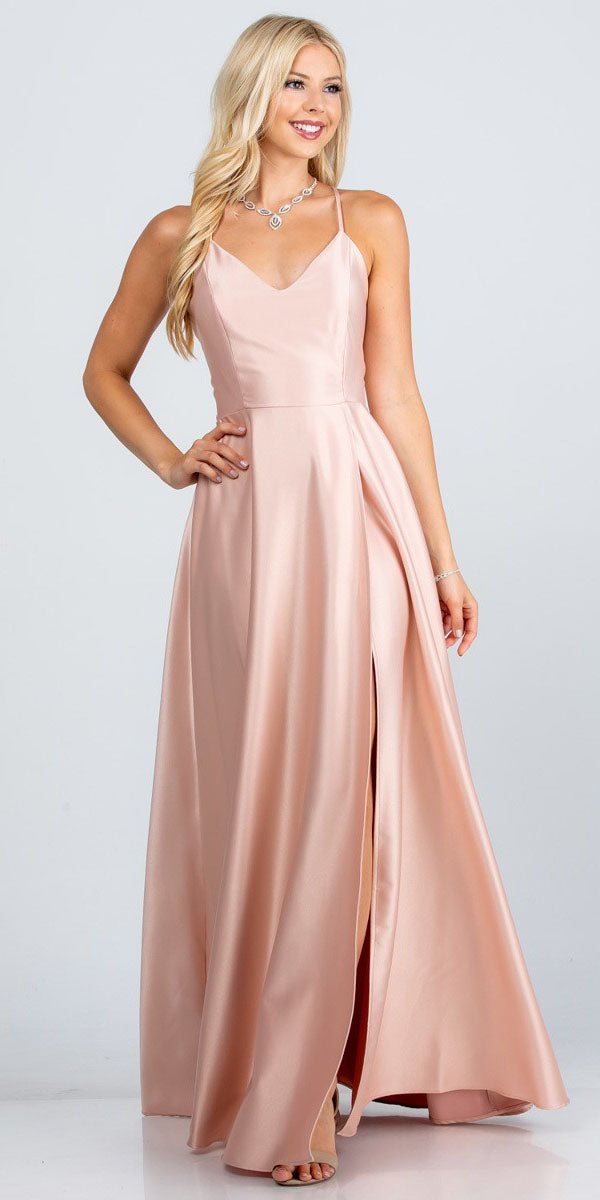CLEARANCE - La Scala 25895 Open Side Back Spaghetti Tie Stretch Satin Gown (Size XL) by DiscountDressShop