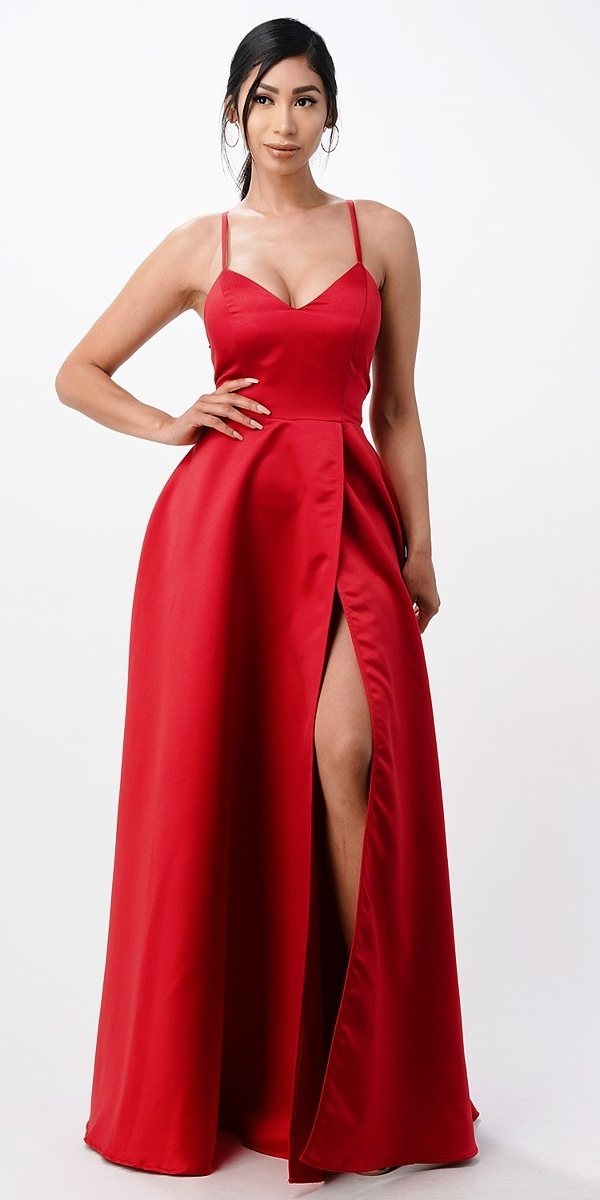 CLEARANCE - La Scala 25895 Open Side Back Spaghetti Tie Stretch Satin Gown (Size XL) by DiscountDressShop