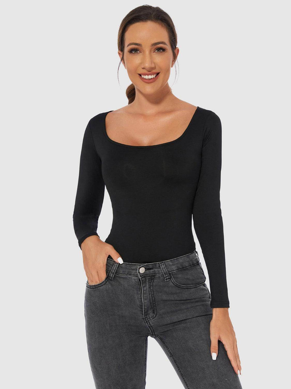 Full Size Scoop Neck Long Sleeve Bodysuit for Women by Selvanelle