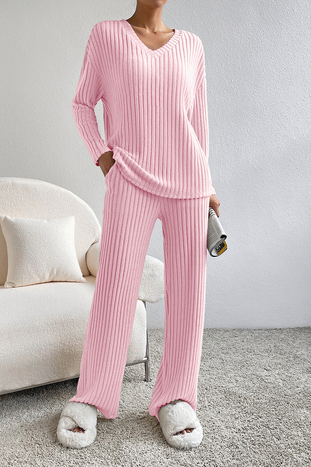 Ribbed V-Neck Top and Pants Lounge Set by Wild and Free Boutique