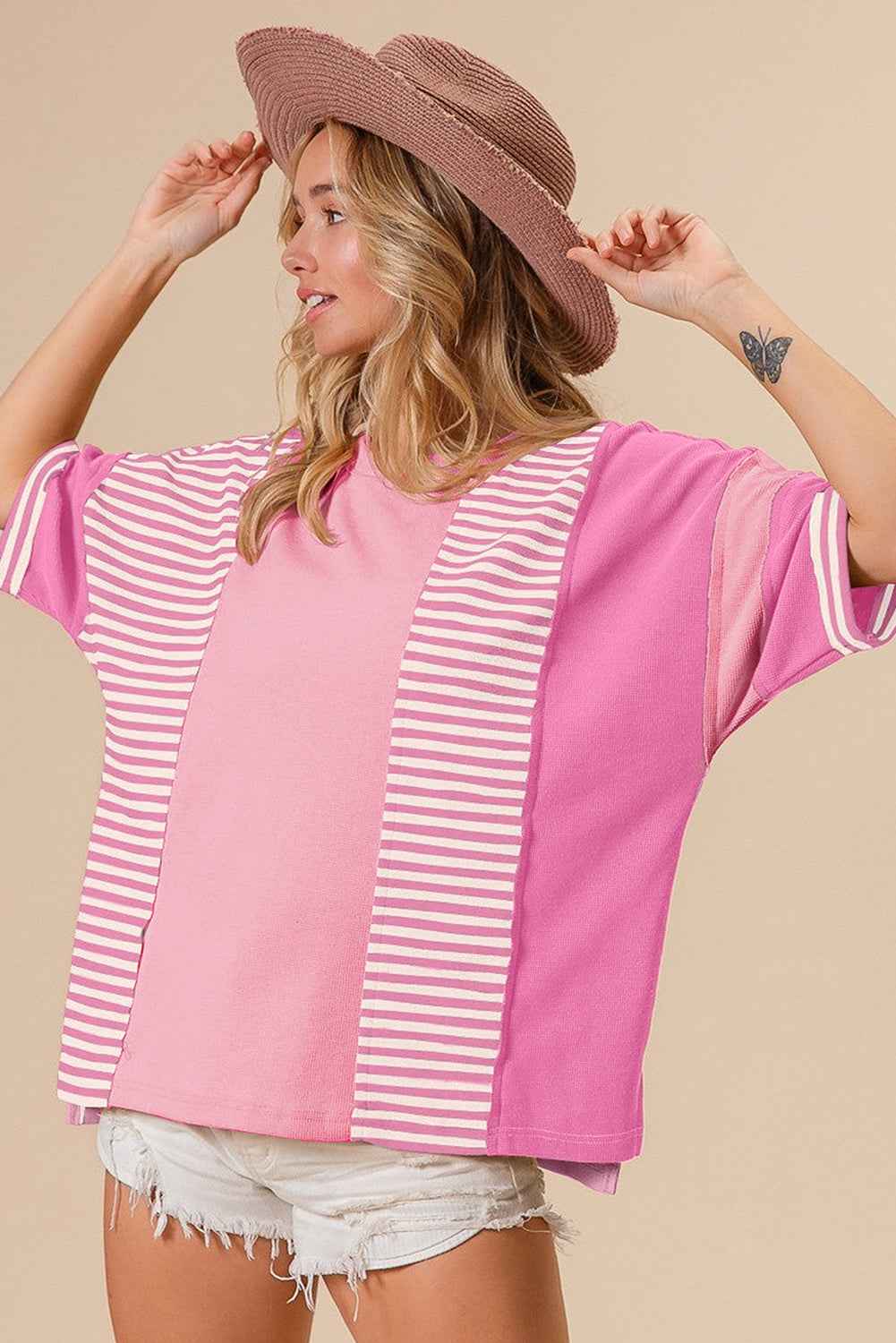 Pink Stripe Waffle Patchwork Loose T-Shirt by Wild and Free Boutique
