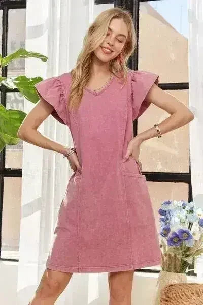 ADORA Mineral Washed V-Neck Ruffled Cap Sleeve Dress by Femstylo