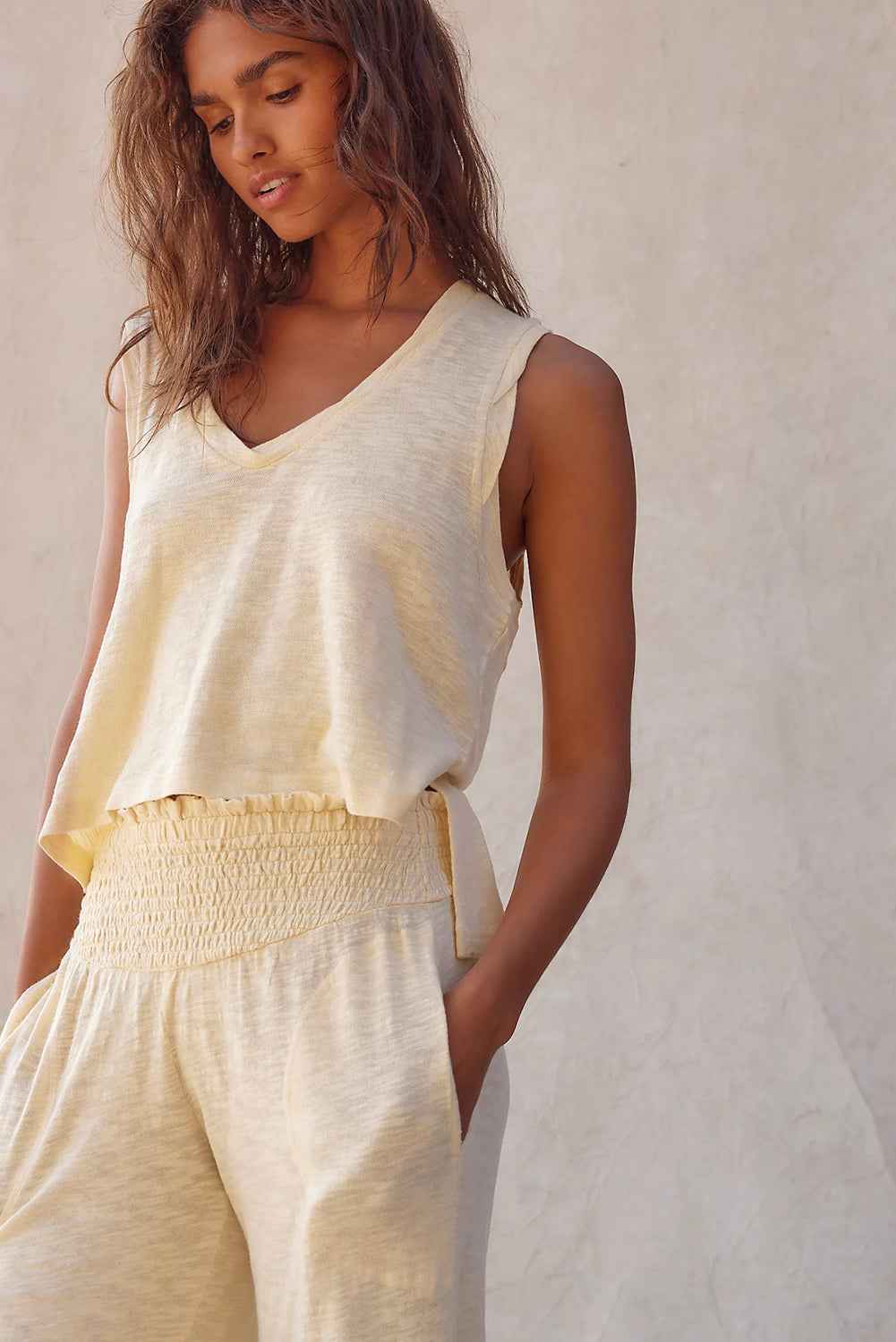 Beige Solid Color Tank Top and Smocked Waist Pants Set by Wild and Free Boutique