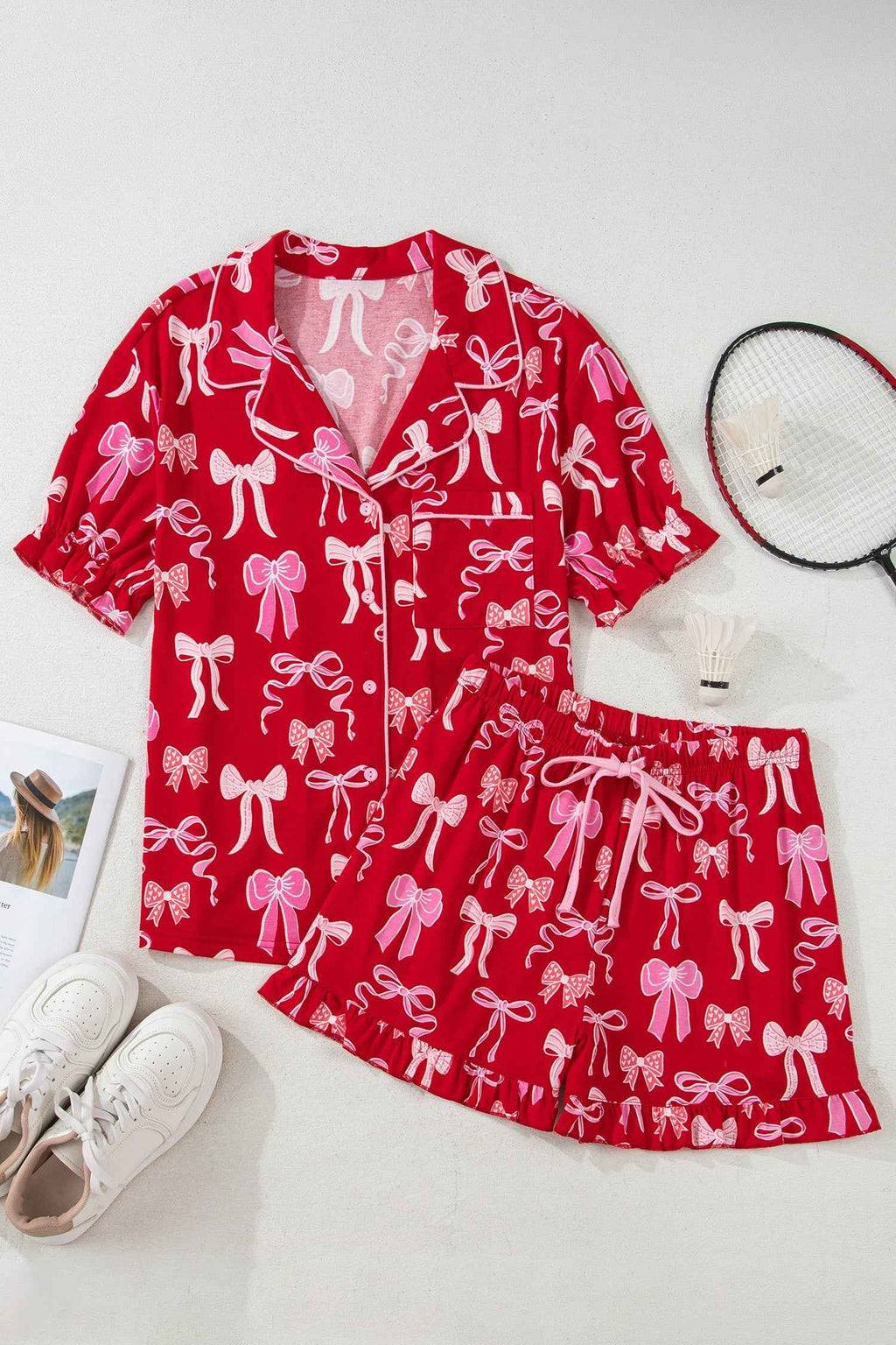 Red Sweet Bow Print Ruffled Short Sleeve Shirt Shorts 2pcs Pajama Set by Wild and Free Boutique