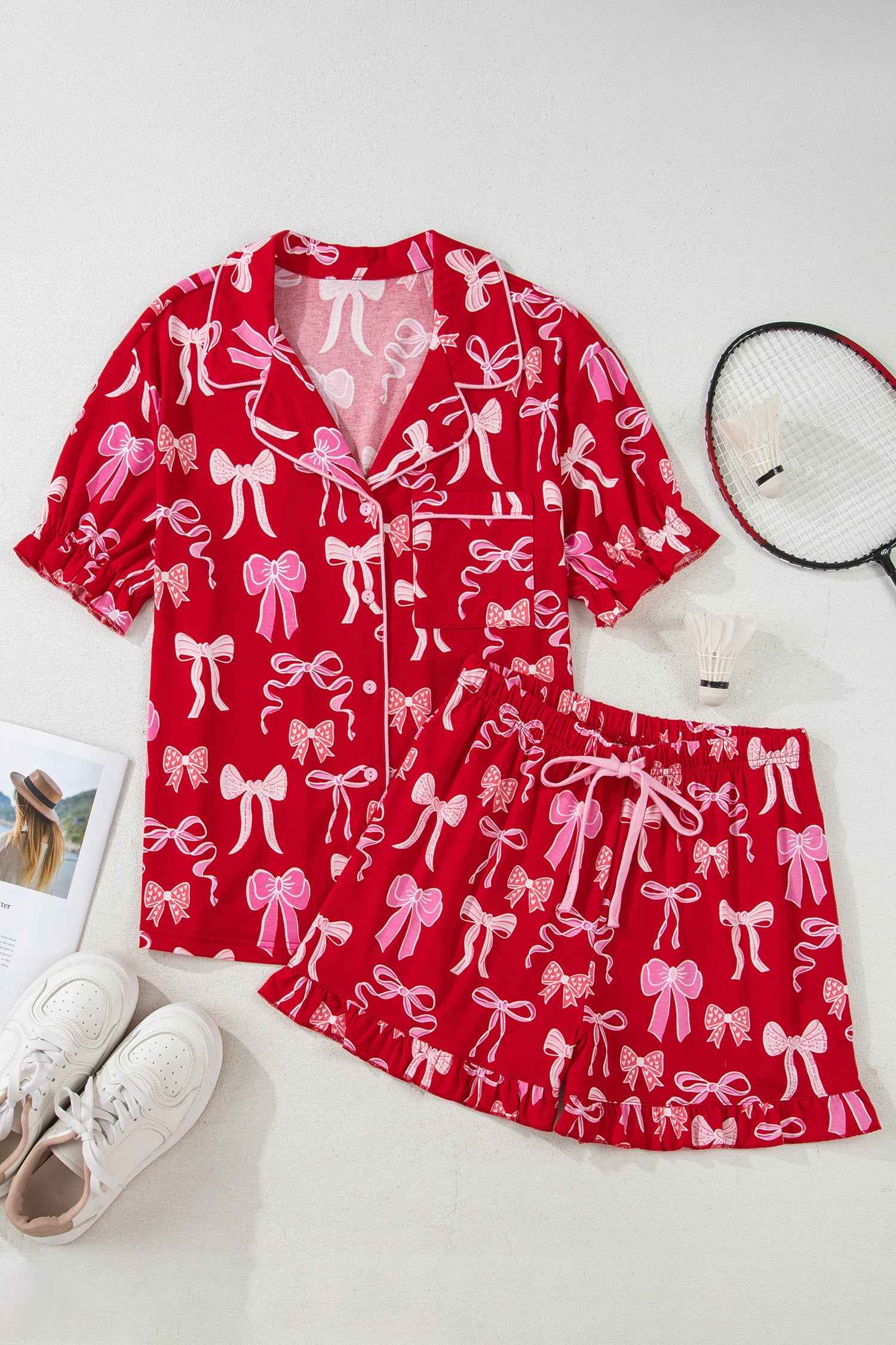 Red Sweet Bow Print Ruffled Short Sleeve Shirt Shorts 2pcs Pajama Set by Wild and Free Boutique