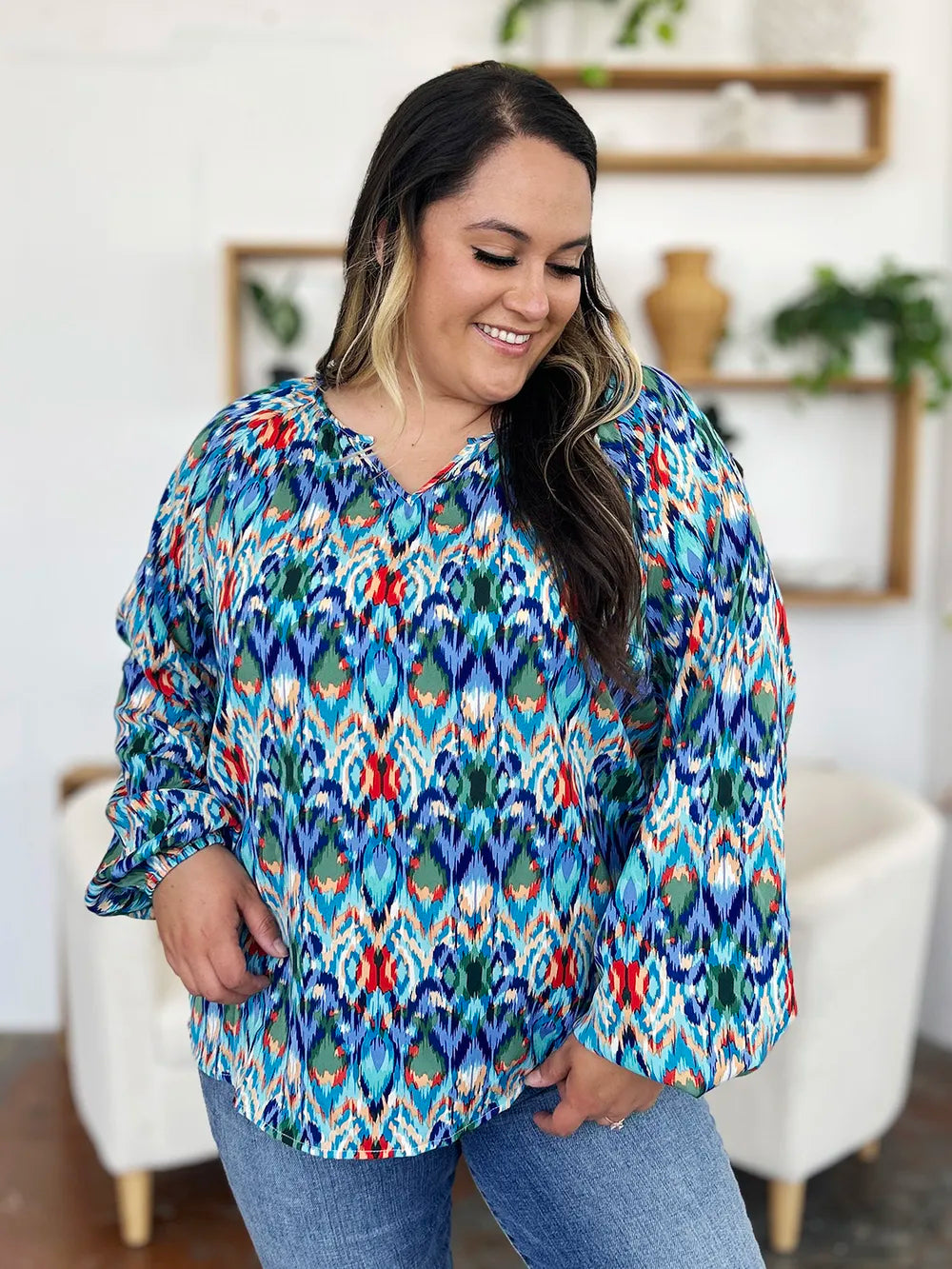 Double Take Full Size Printed Balloon Sleeve Blouse by Wild and Free Boutique
