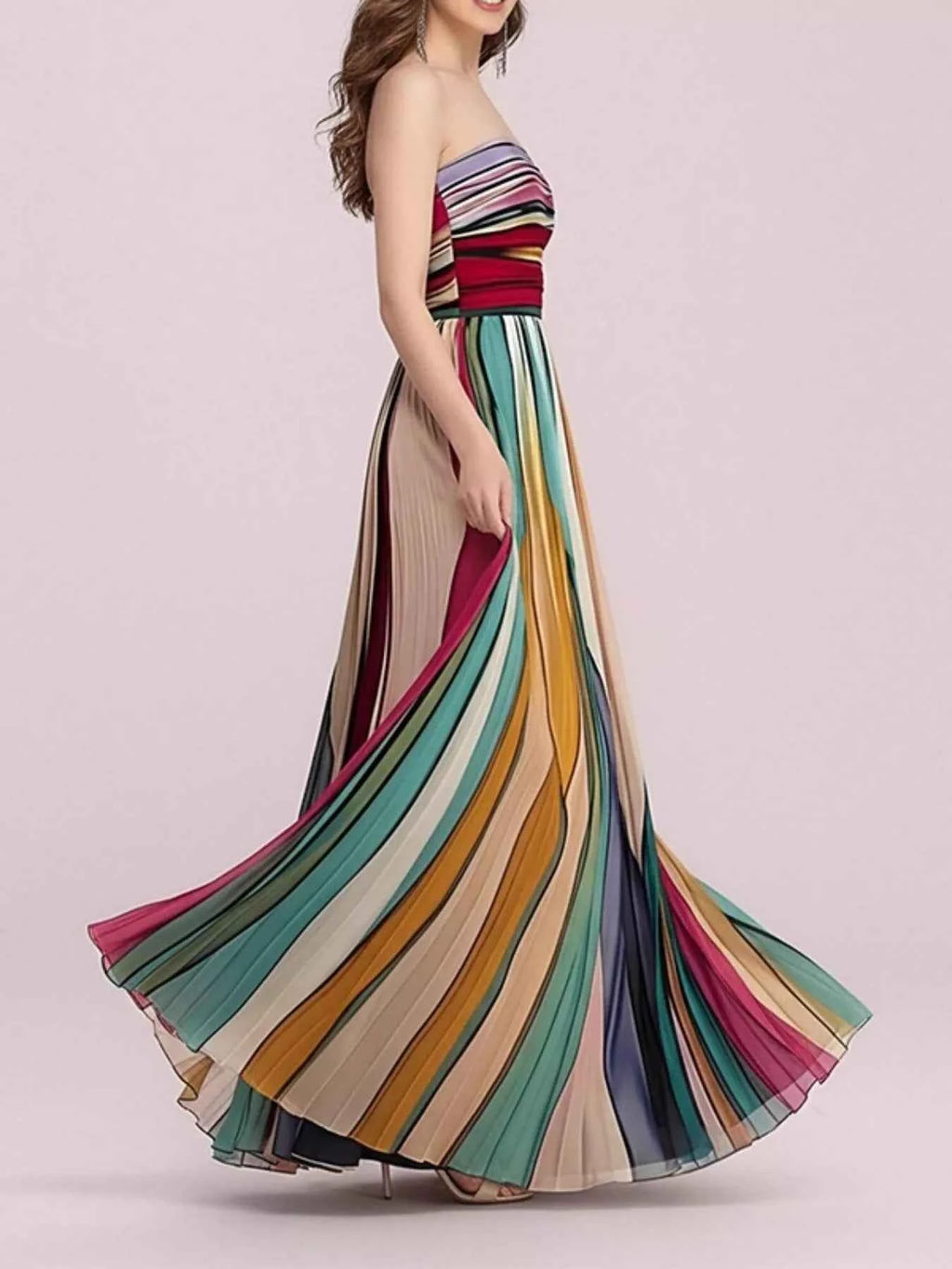 Striped Pleated Tube Maxi Dress