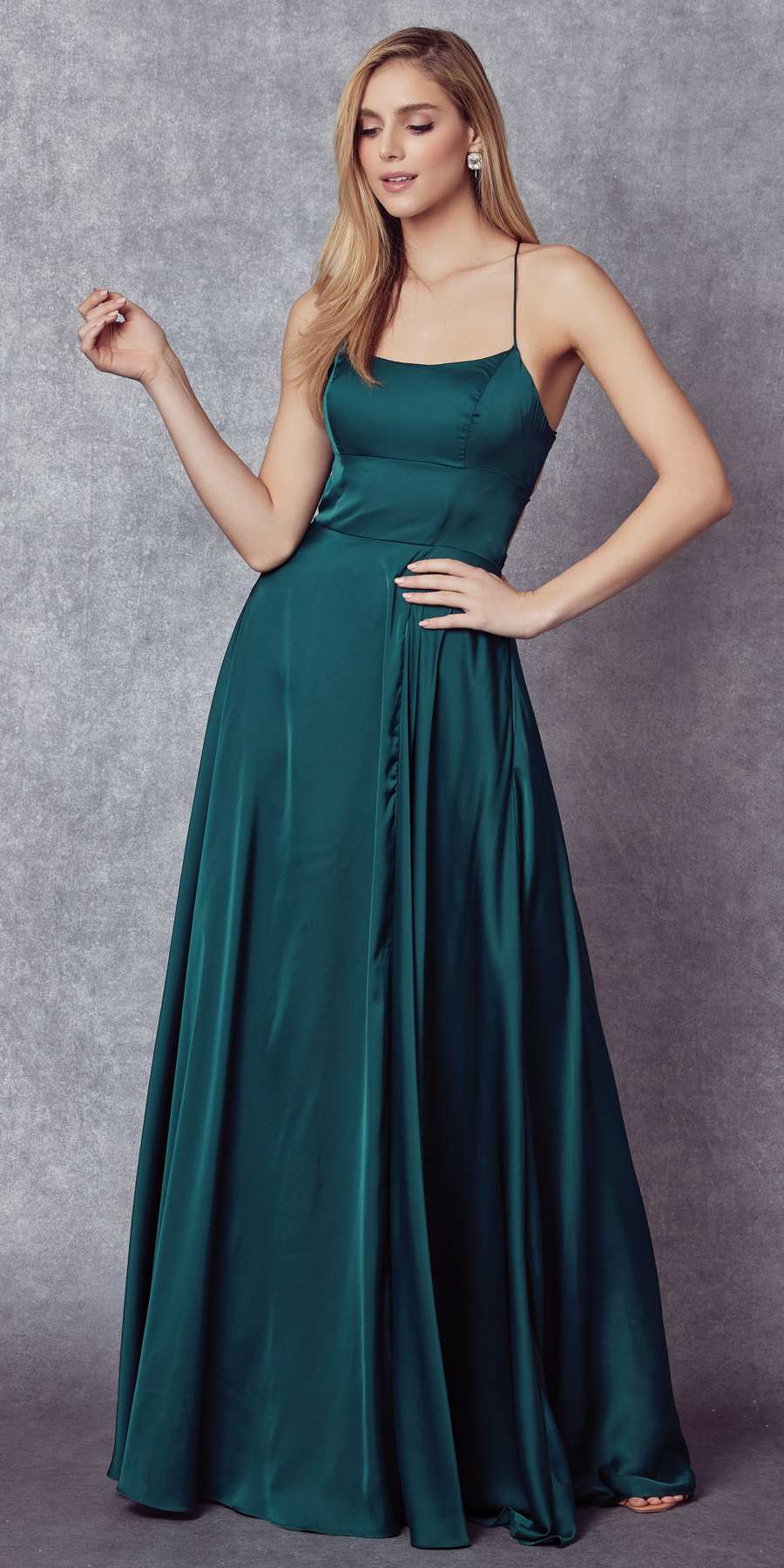 Juliet 278 Formal A-Line Satin Gown with Side Pockets by DiscountDressShop