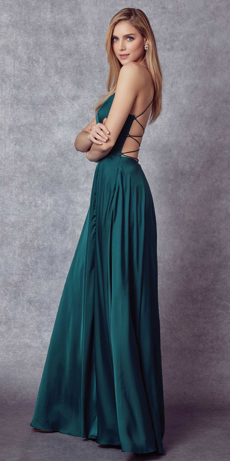 Juliet 278 Formal A-Line Satin Gown with Side Pockets by DiscountDressShop