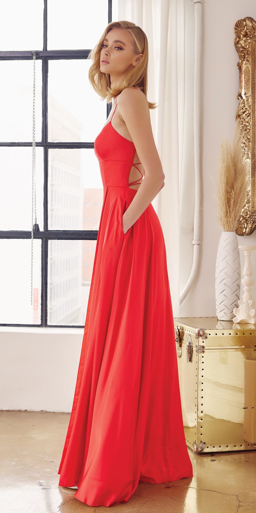 Juliet 278 Formal A-Line Satin Gown with Side Pockets by DiscountDressShop