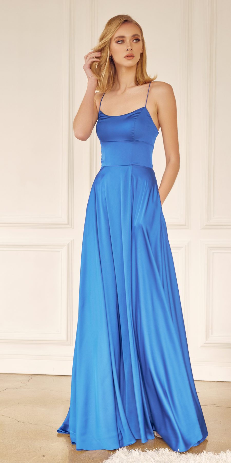 Juliet 278 Formal A-Line Satin Gown with Side Pockets by DiscountDressShop